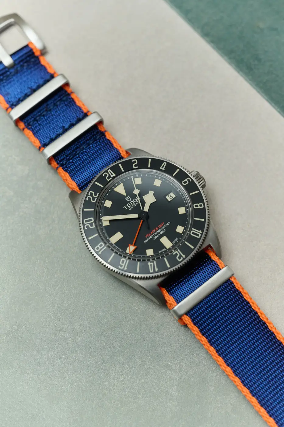 Premium Fabric Watch Strap - Navy Blue W/Orange Piping - Image 2
