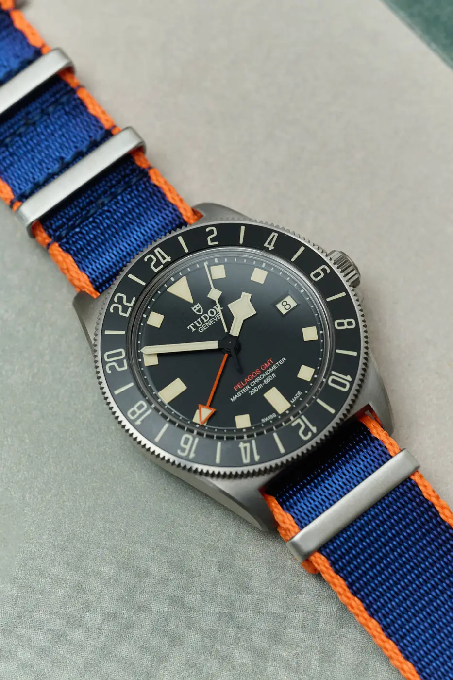 Premium Fabric Watch Strap - Navy Blue W/Orange Piping - Image 3