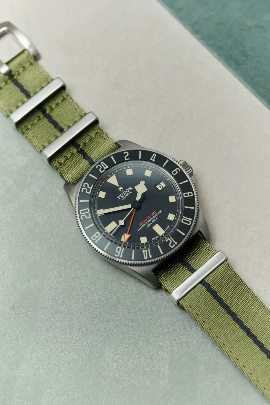 Premium Fabric Watch Strap - Army Green W/Black Pin Stripe - Image 2