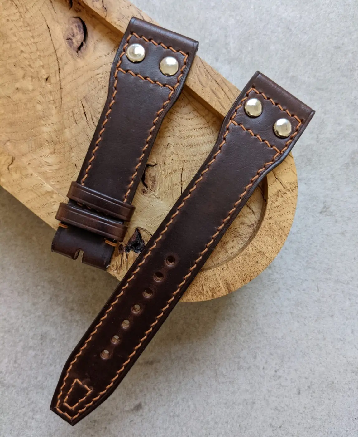 Chromexcel IWC Twin Rivet Watch Strap - Chocolate W/Hazelnut Stitch - Image 2